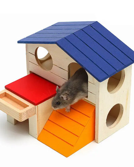 Wooden Hamster Toys Blue Top Villa Hamster Chalet Small Pet Toys Molar Decompression beldemo5-toys2