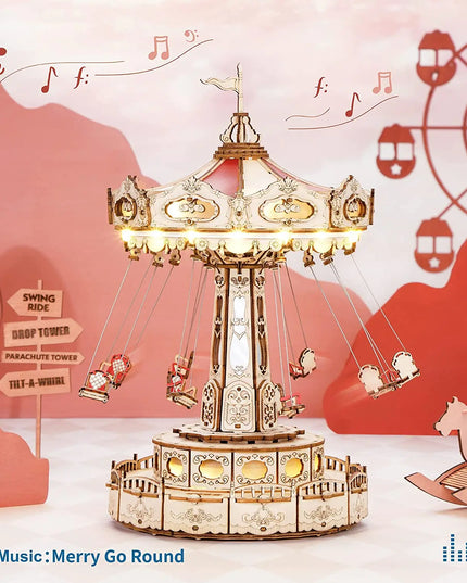 Robotime Rokr Magic Amusement Park Swing Ride 3D Wooden Puzzles Construction Model Kit DIY Music Box Rotating Building Kits beldemo5-toys2
