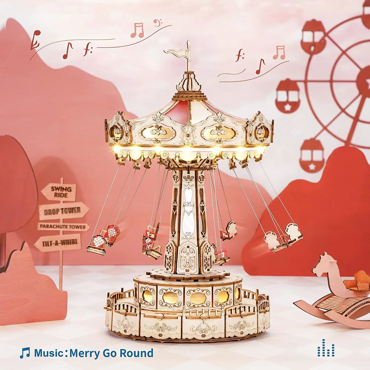 Robotime Rokr Magic Amusement Park Swing Ride 3D Wooden Puzzles Construction Model Kit DIY Music Box Rotating Building Kits beldemo5-toys2