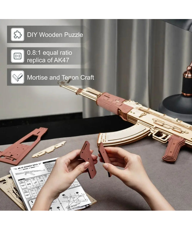 Robotime Rokr Automatic Rifle AK-47 3D Wooden Assembly Gun Double Firing Modes Funny DIY Toys For Kids Adults Justice Guar LQ901 beldemo5-toys2