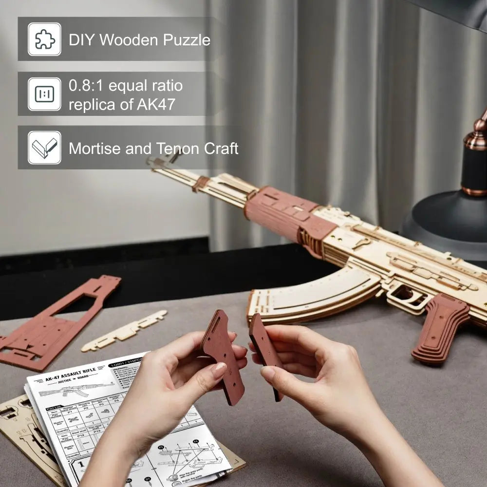 Robotime Rokr Automatic Rifle AK-47 3D Wooden Assembly Gun Double Firing Modes Funny DIY Toys For Kids Adults Justice Guar LQ901 beldemo5-toys2