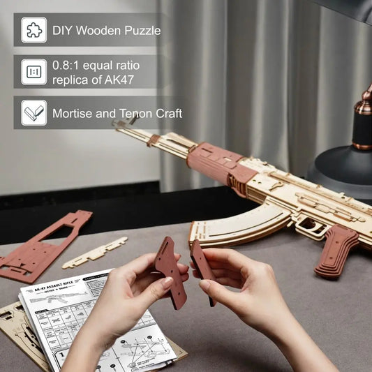 Robotime Rokr Automatic Rifle AK-47 3D Wooden Assembly Gun Double Firing Modes Funny DIY Toys For Kids Adults Justice Guar LQ901 beldemo5-toys2