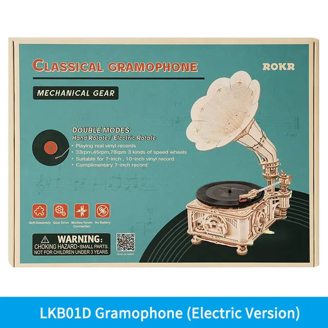 Robotime ROKR DIY Hand Crank Classic Gramophone Wooden Puzzle Model Building Kits Assembly Toy Gift For Children LKB01 beldemo5-toys2
