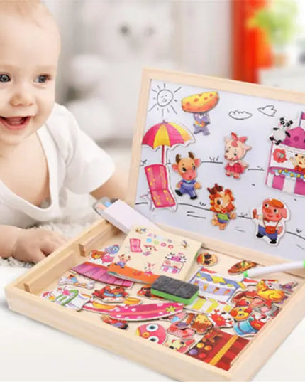 Wooden Magnetic Puzzle Toys Children 3D Puzzle Box Figure Animals Circus Writing Drawing Board Learning Education Toys For Kids beldemo5-toys2