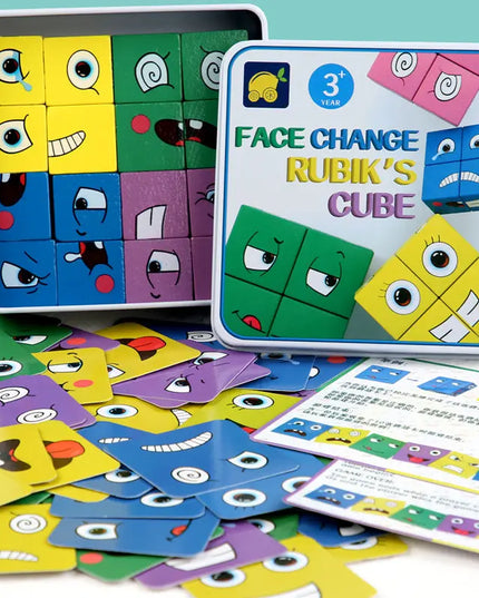 Wooden Expressions Toy Wooden Magic Cube Face Pattern Building Blocks Educational Montessori Toys Wooden Matching Block Puzzles beldemo5-toys2