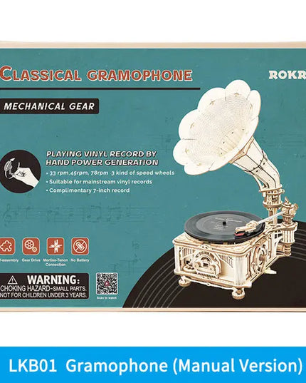 Robotime ROKR DIY Hand Crank Classic Gramophone Wooden Puzzle Model Building Kits Assembly Toy Gift For Children LKB01 beldemo5-toys2