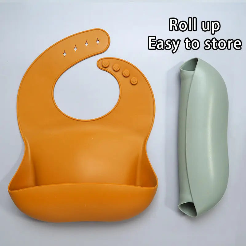 Soft Waterproof Silicone Baby Bib with Food Catcher, Baby Silicone Bib Bells toys