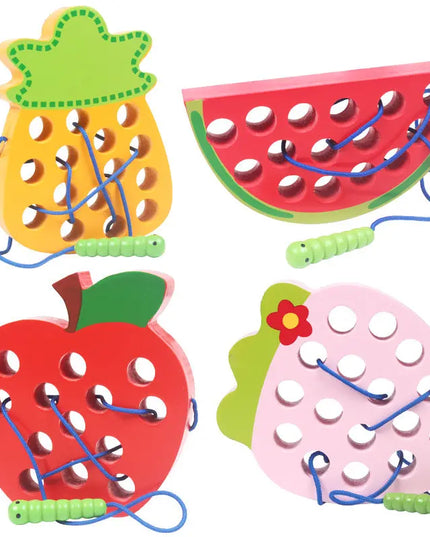 Practicing ability to thread intellectual wooden toys