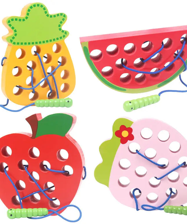 Practicing ability to thread intellectual wooden toys