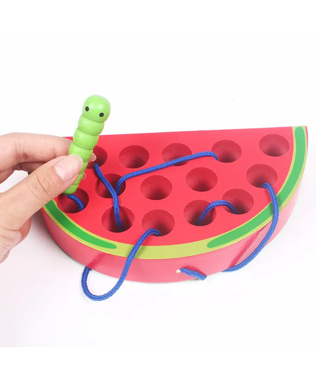 Practicing ability to thread intellectual wooden toys