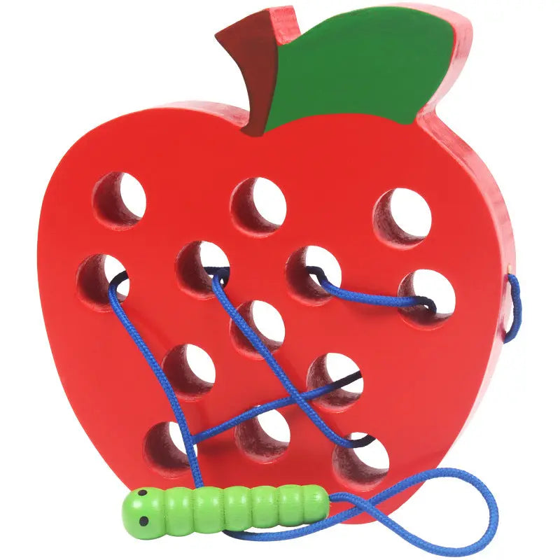 Practicing ability to thread intellectual wooden toys - Apple