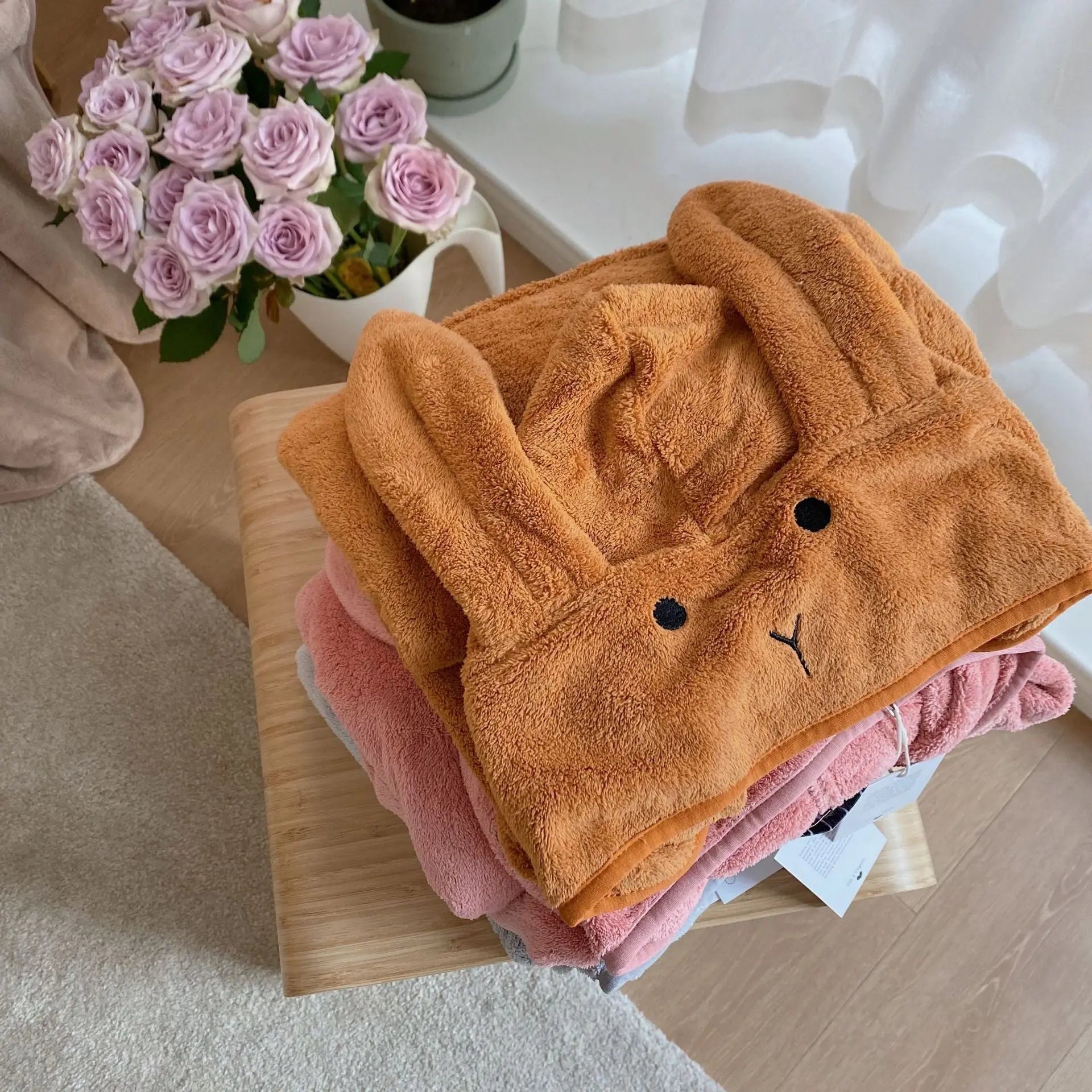 Rabbit Ears Children's Baby Infant Hooded Cloak Bath Towel Nightgown Bathrobe Bells toys