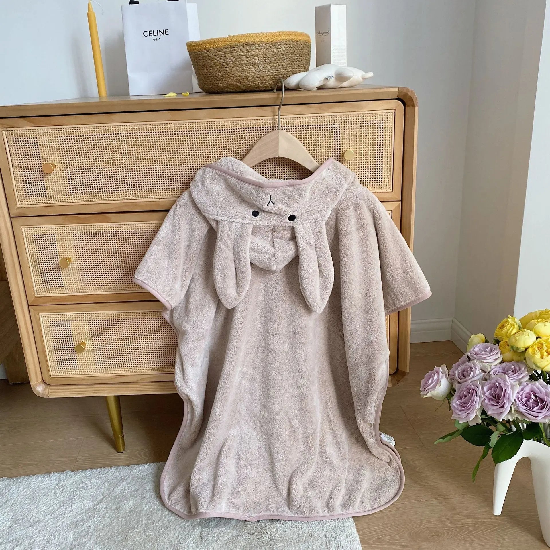 Rabbit Ears Children's Baby Infant Hooded Cloak Bath Towel Nightgown Bathrobe Bells toys