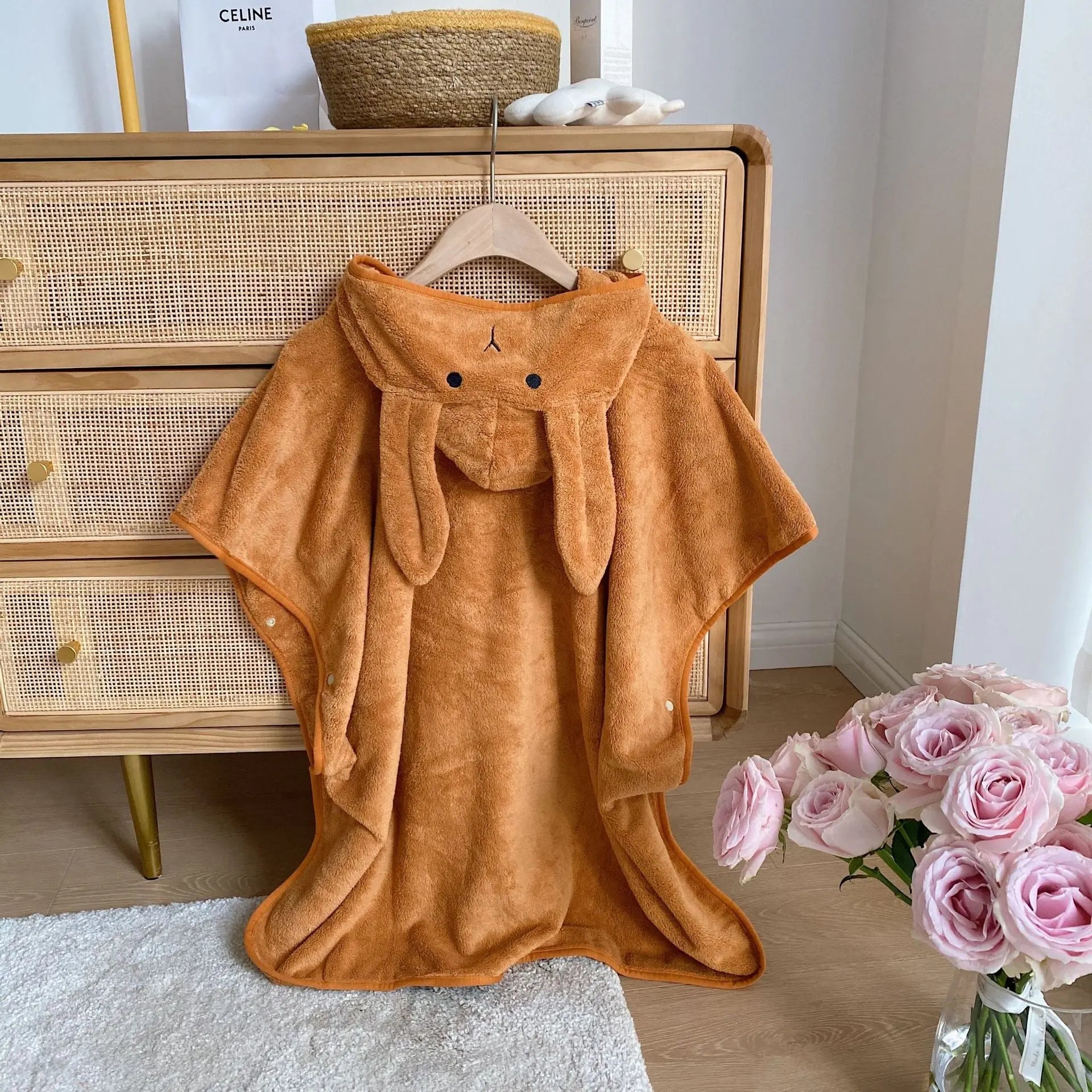 Rabbit Ears Children's Baby Infant Hooded Cloak Bath Towel Nightgown Bathrobe Bells toys