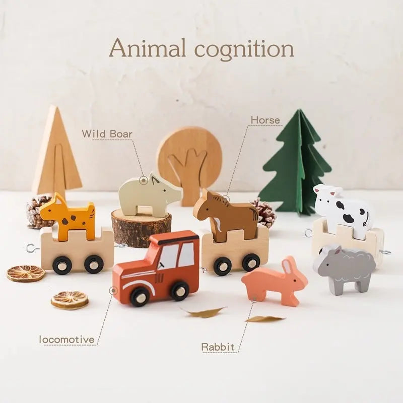 Children’s Wooden Farm Animal Train Baby Enlightenment Stacking Cognitive Toys Educational Toys Birthday Train - Farm