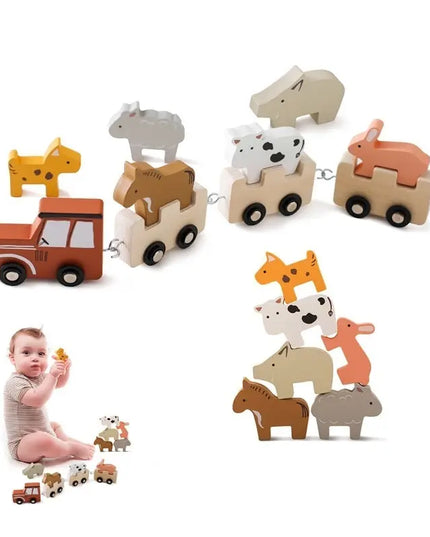 Children’s Wooden Farm Animal Train Baby Enlightenment Stacking Cognitive Toys Educational Toys Birthday Train - Farm