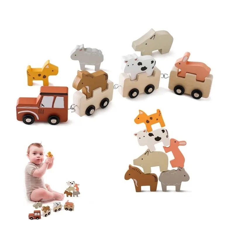 Children’s Wooden Farm Animal Train Baby Enlightenment Stacking Cognitive Toys Educational Toys Birthday Train - Farm